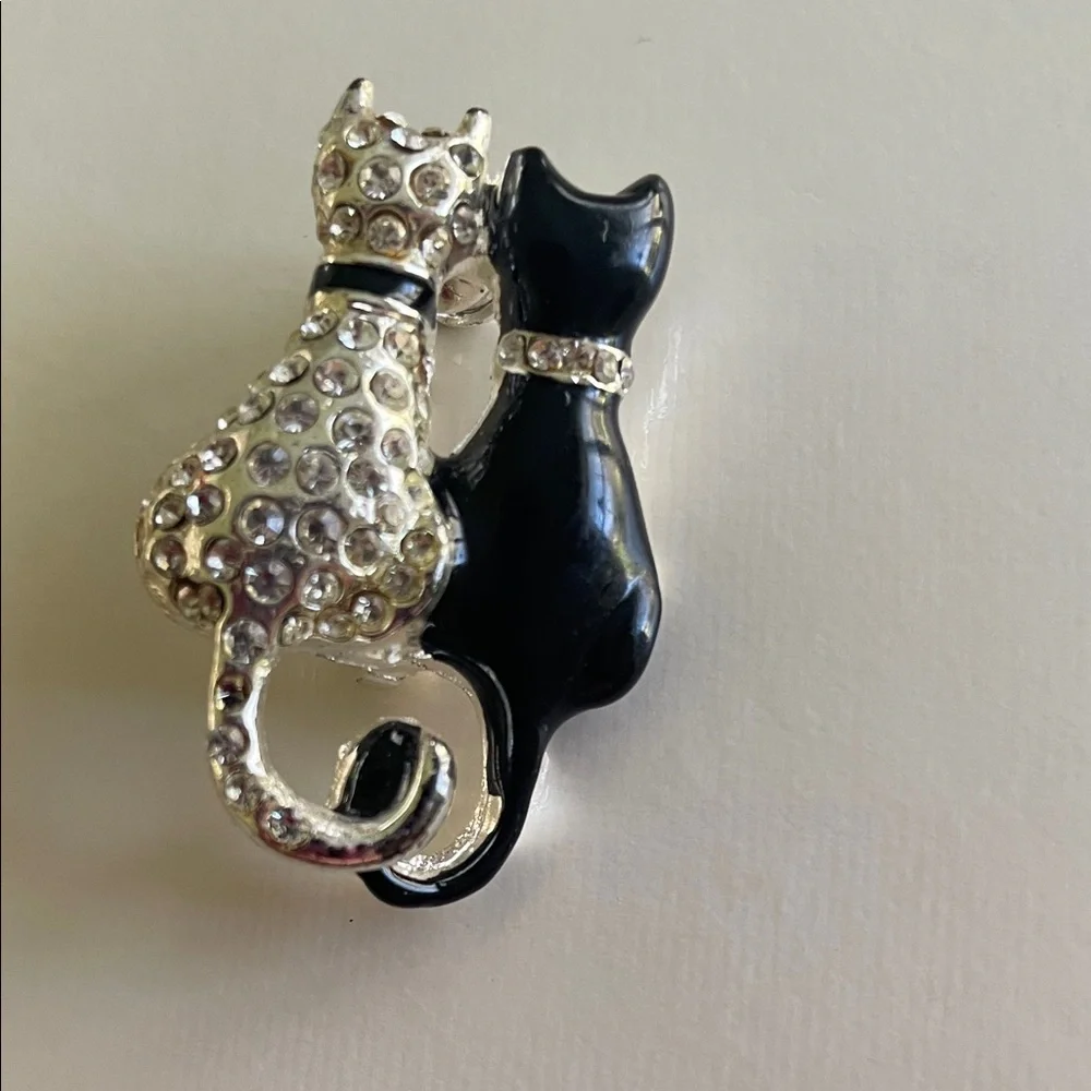 Crystal & Black Cat Duo Brooch - Elegant Cat Pin